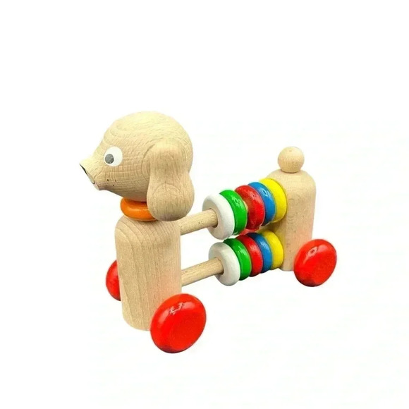 WOODEN ABACUS DOGGIE PUSH TOY TOXIC FREE PAINT HANDMADE LEARNING COUNTING TOOL - Picture 1 of 13